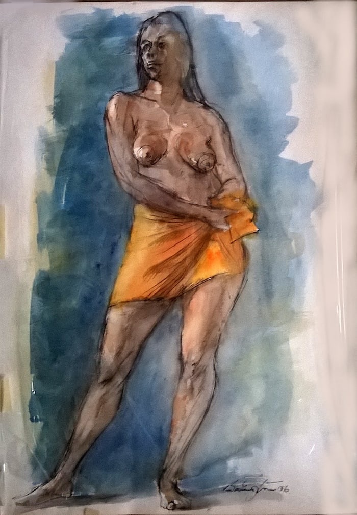Water colour study of a female figure with orange towel