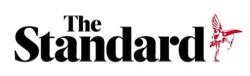 Logo for news The Standard, black writing and an angel with bow in red