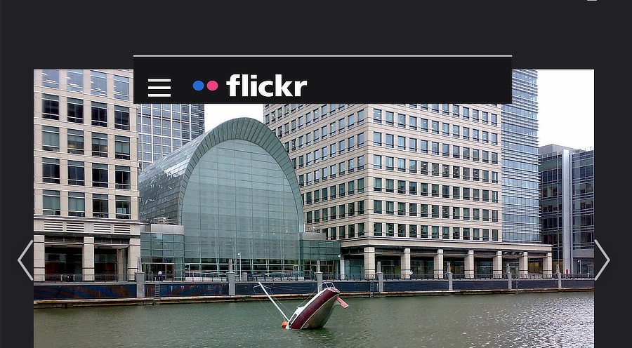 Flickr website showing Canary Wharf and the sunken sailing ship - an art project