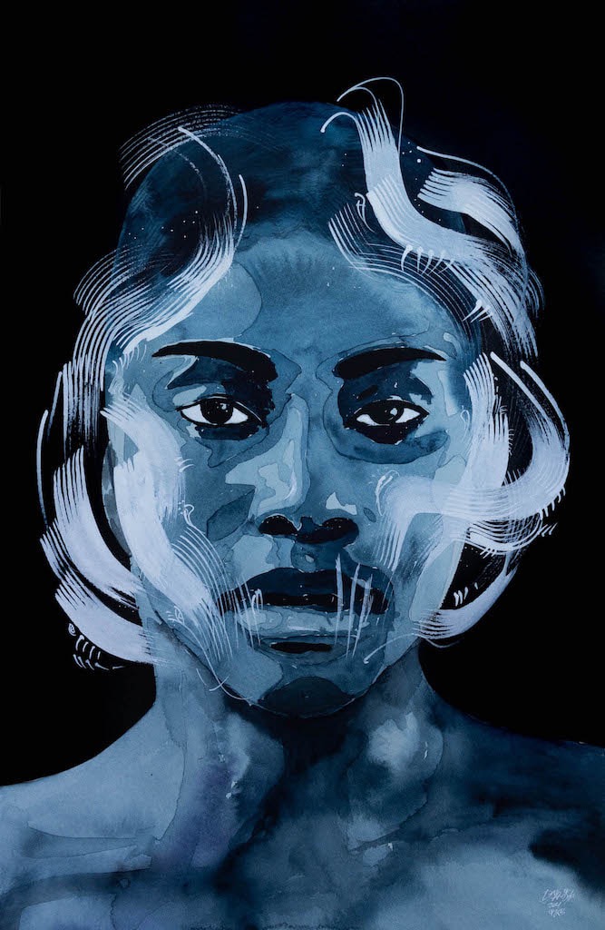 Painting SEE-I by Jamaican Artist Richard-Nattoo, a blue portrait