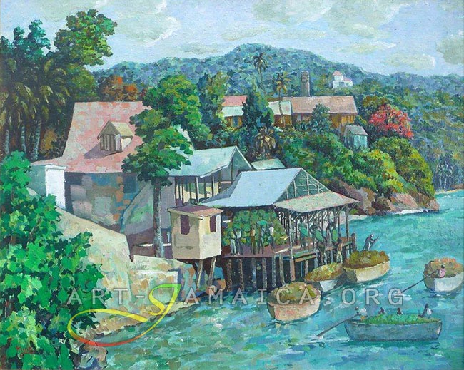 Albert Huie
'Houses On Stilts With Fishermen' 
Acrylic on Canvas, 28' x 32'